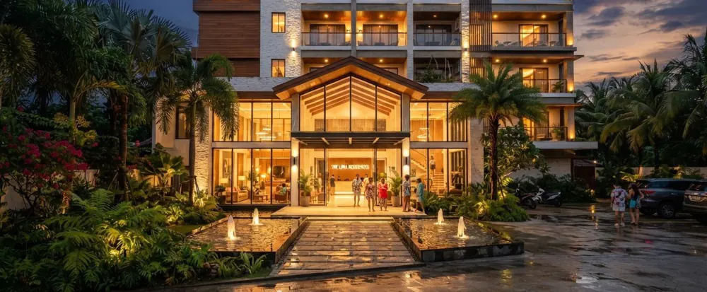 Front rendering of the condotel entrance at night, lit canopy and water feature in the foreground