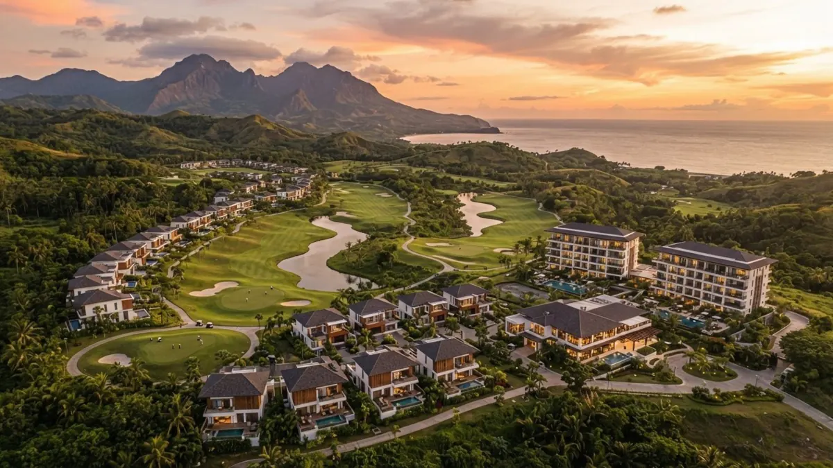 Aerial rendering of the whole estate at sunset, showing the golf course, villa clusters and two condotel buildings against the coast and mountains